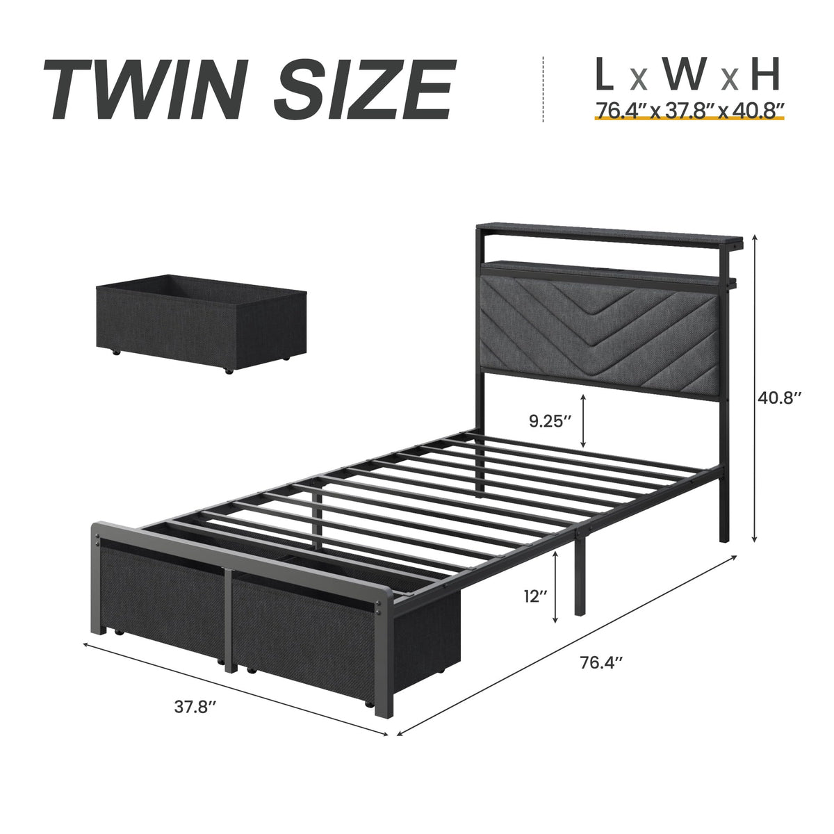 Grey Twin Bed Frame with Charging Station, LED Lights & 2 Storage Drawers V52116