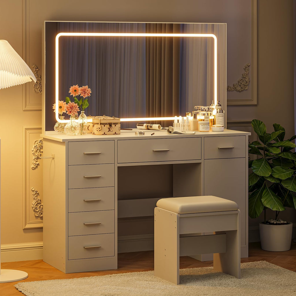 White 7 Drawer Vanity Desk with LED Mirror X7164