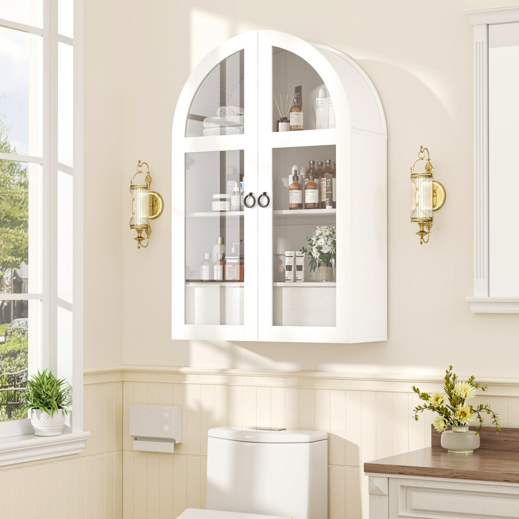 White Arched Bathroom Wall Cabinet with Tempered Glass Door and Adjustable Shelf J370