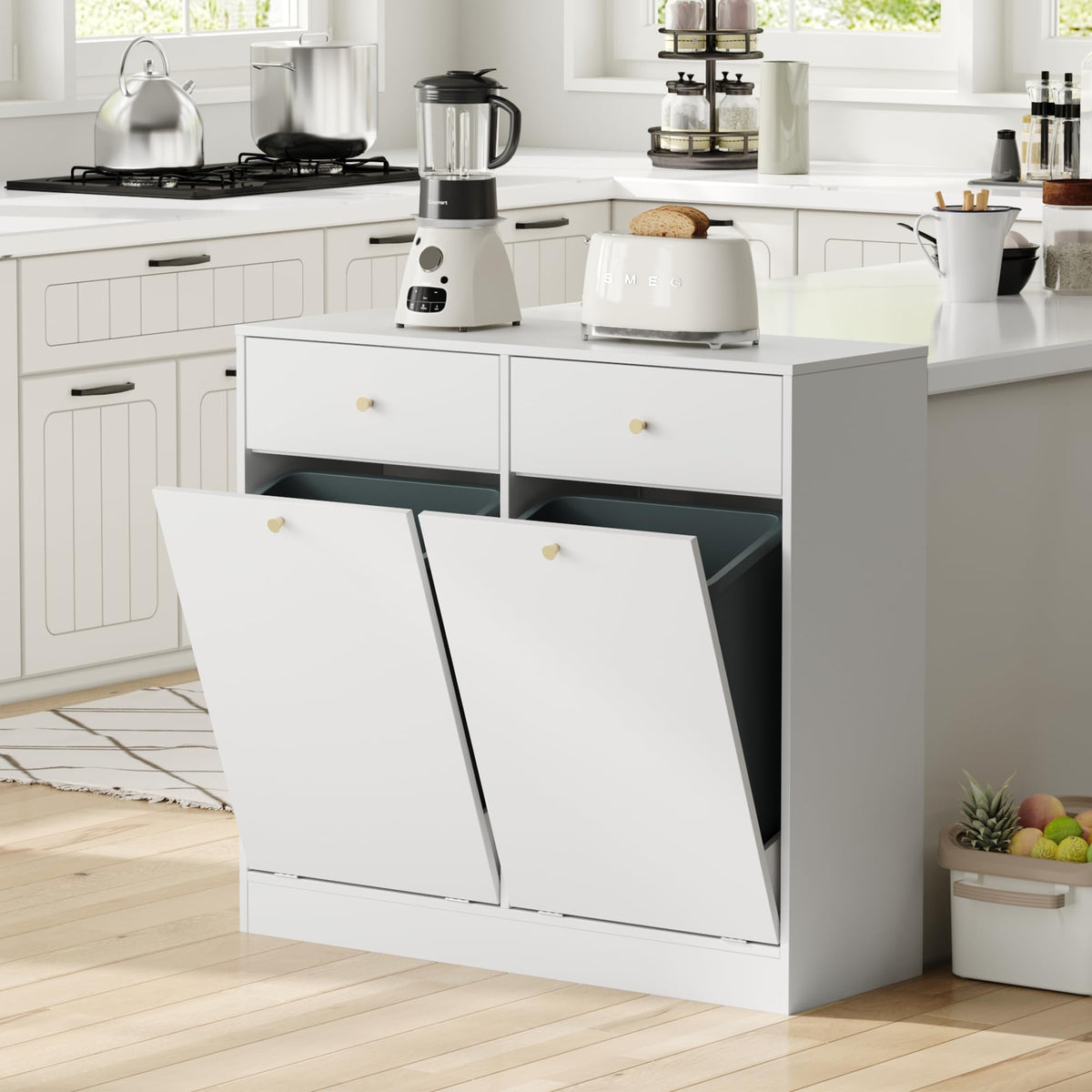 White Double Tilt Out Trash Can Cabinet with 2 Drawers V629