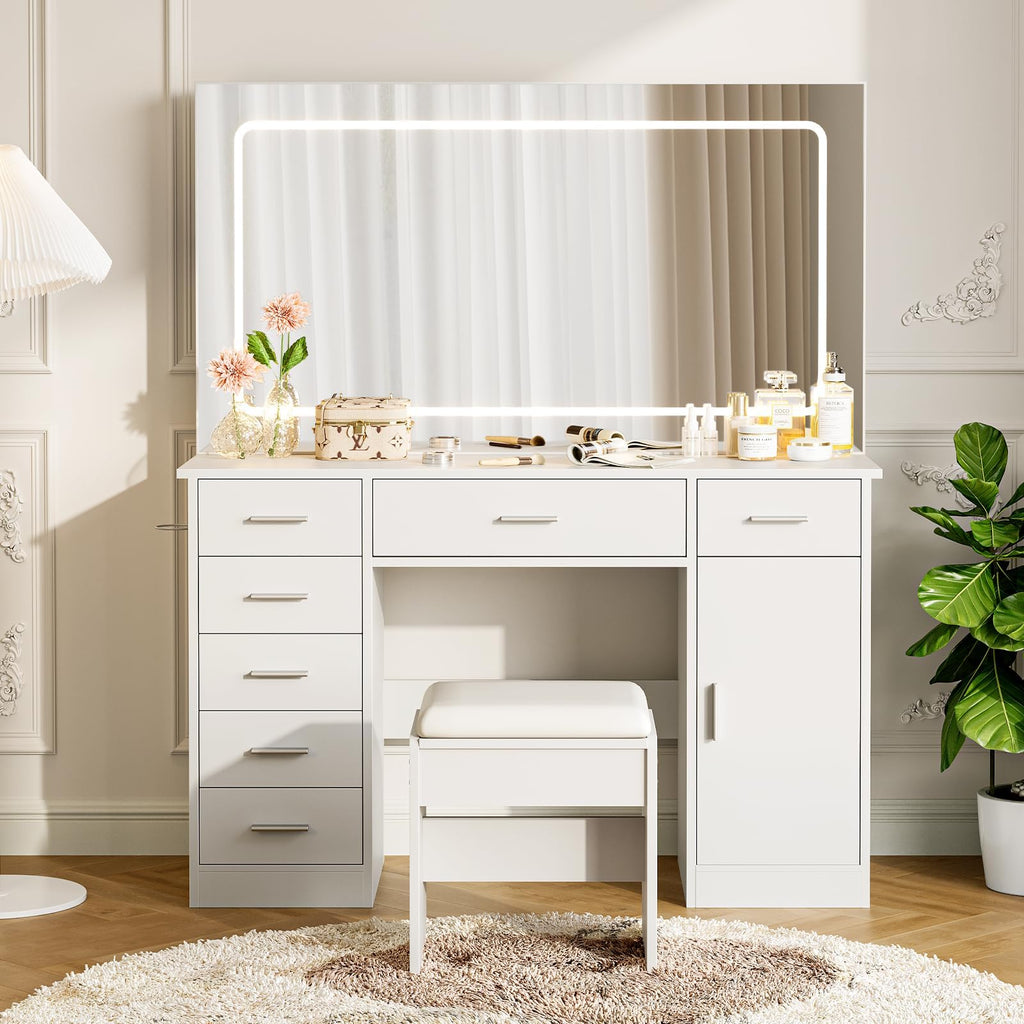 White 7 Drawer Vanity Desk with LED Mirror X7164