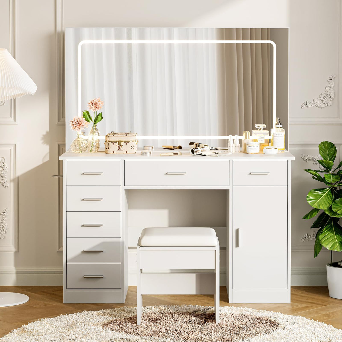 White 7 Drawer Vanity Desk with LED Mirror X7164