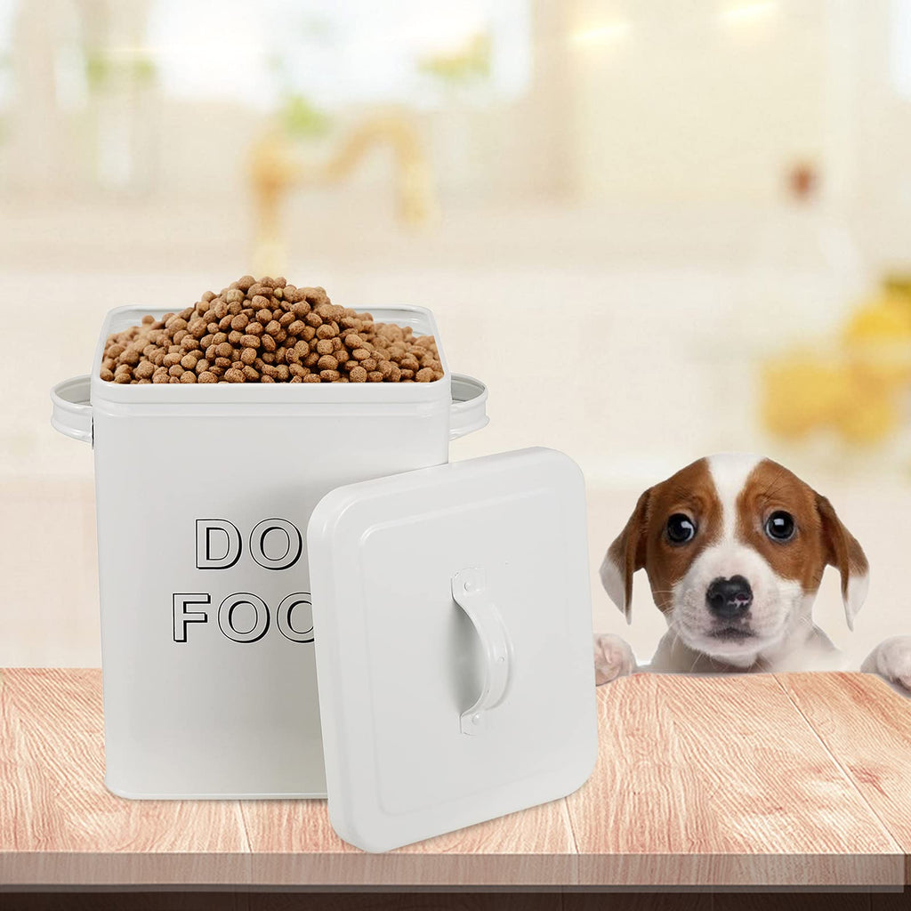 Airtight Dog Treat Container and Food Storage Tin with Lid, Handle, Scoop, 4-5 lbs Capacity, White G5009