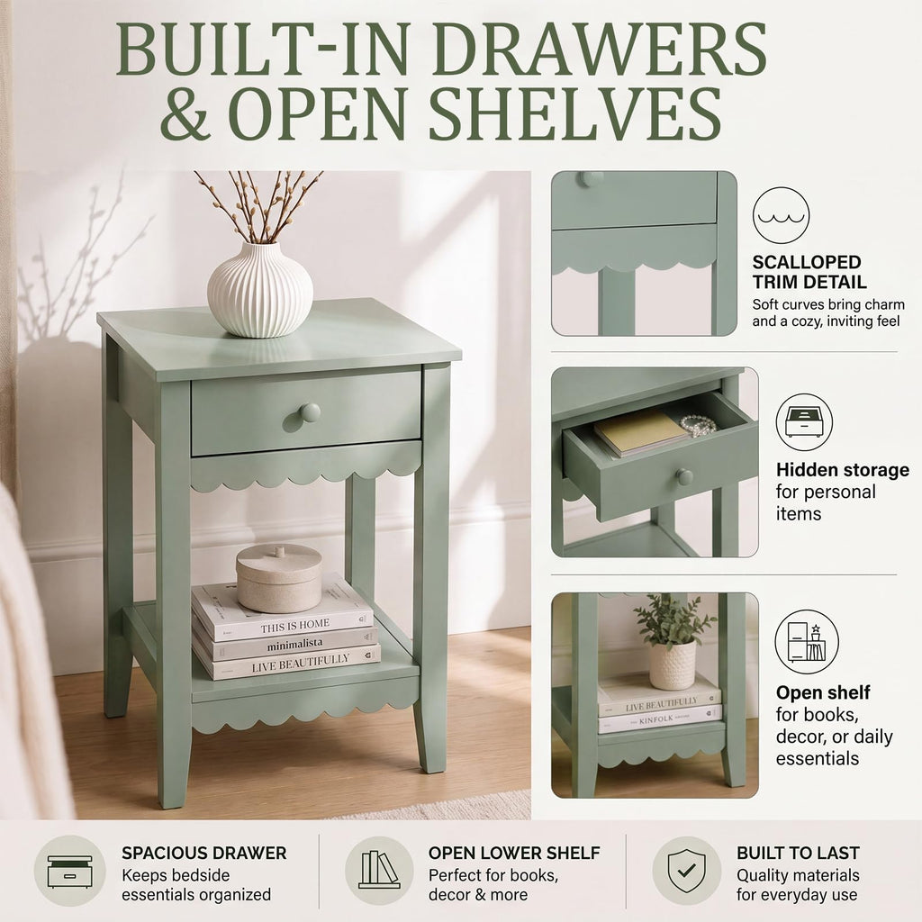 Scalloped Nightstands Side End Table with Drawer & Open Shelf A1868