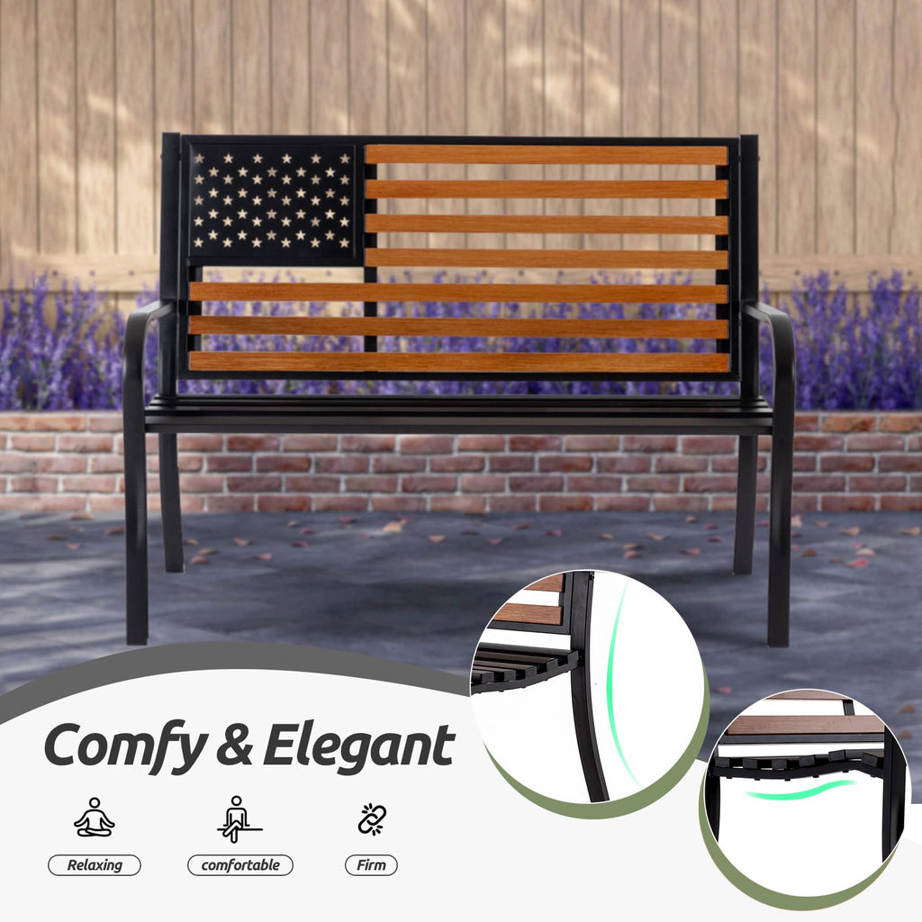 50” Outdoor Garden Bench with Flag Style Cast Iron Metal Frame I553805