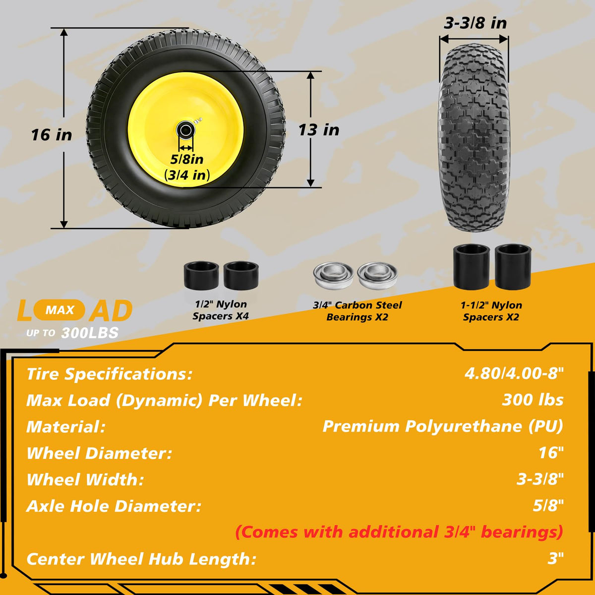 16 Inch Flat Free Wheelbarrow Tire and Wheel 2 Pack R4263