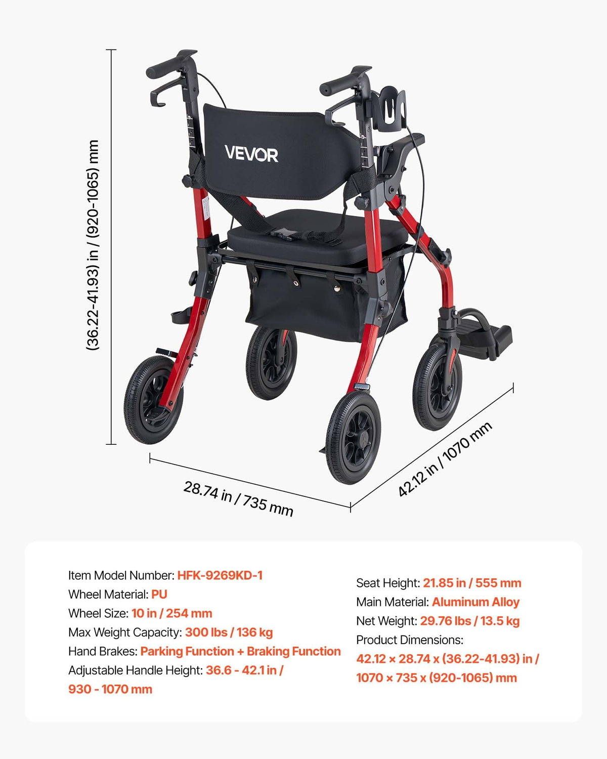 2-in-1 Foldable Aluminum Rollator Walker & Transport Chair J856