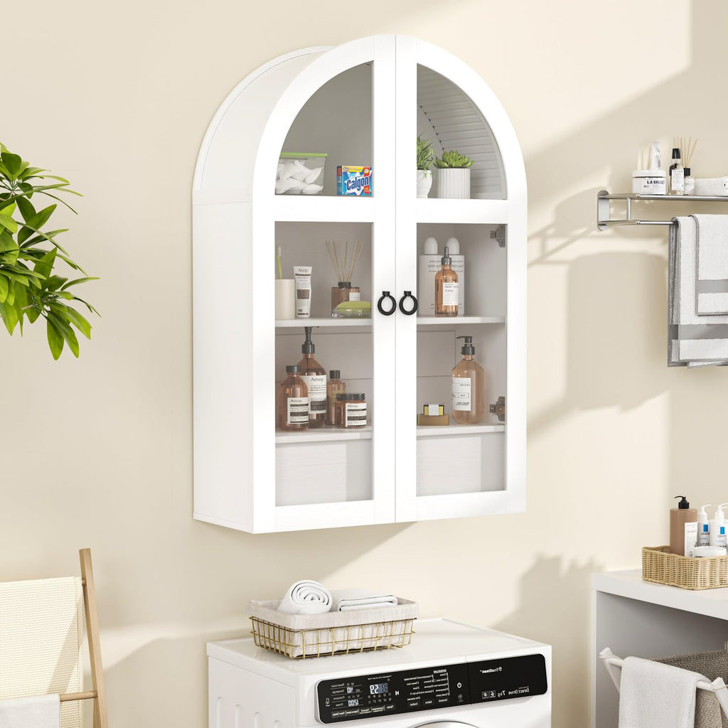 White Arched Bathroom Wall Cabinet with Tempered Glass Door and Adjustable Shelf J370