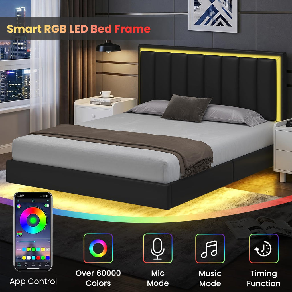Black Full Size Floating Bed Frame with LED Lights W967470