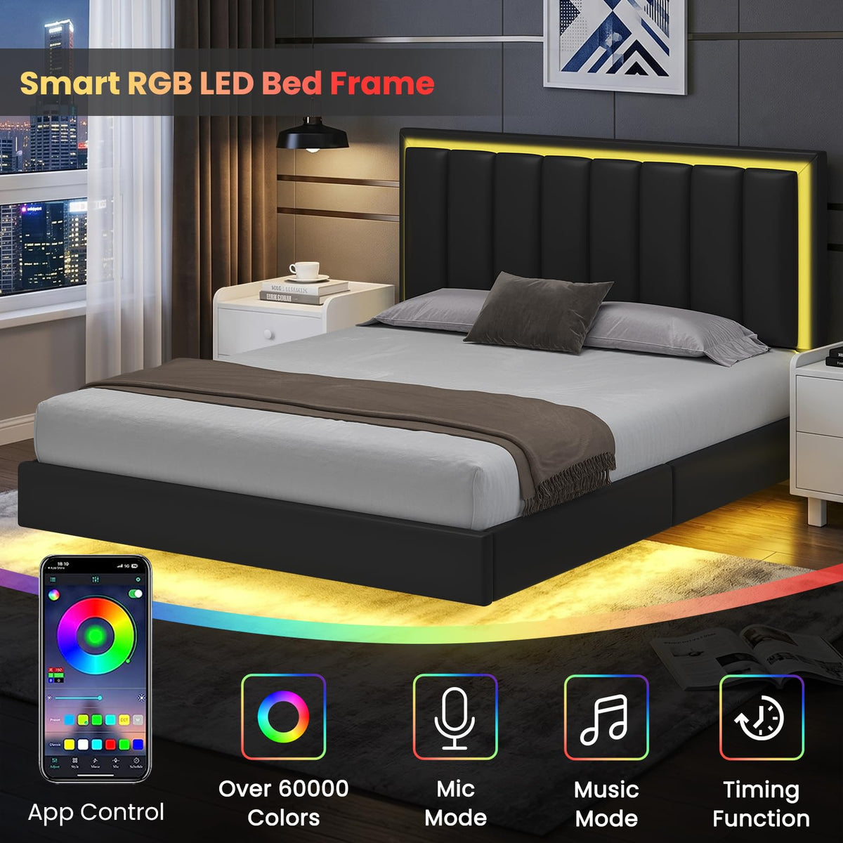 Black Full Size Floating Bed Frame with LED Lights W967470