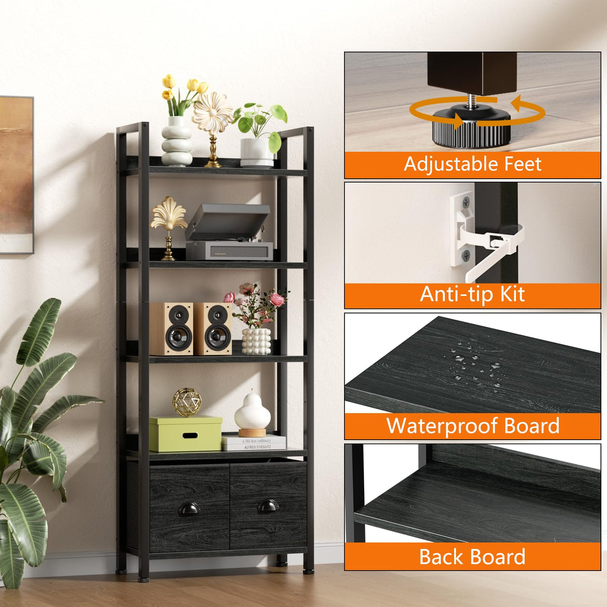 5-Tier Black Oak Bookshelf with 2 Storage Drawers Y994