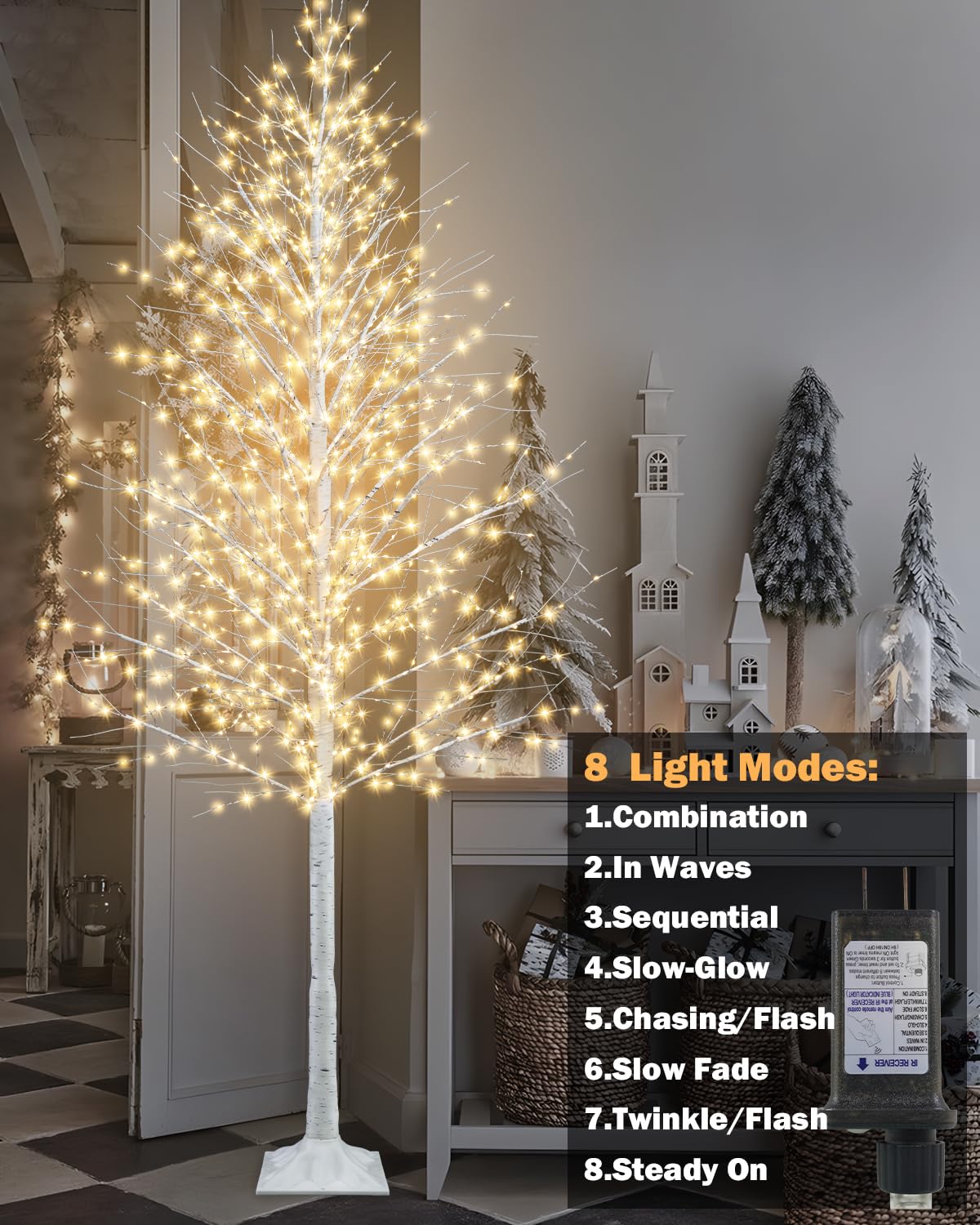 8FT Lighted White Artificial Christmas Twig Tree with 1440 Warm White LEDs C75571