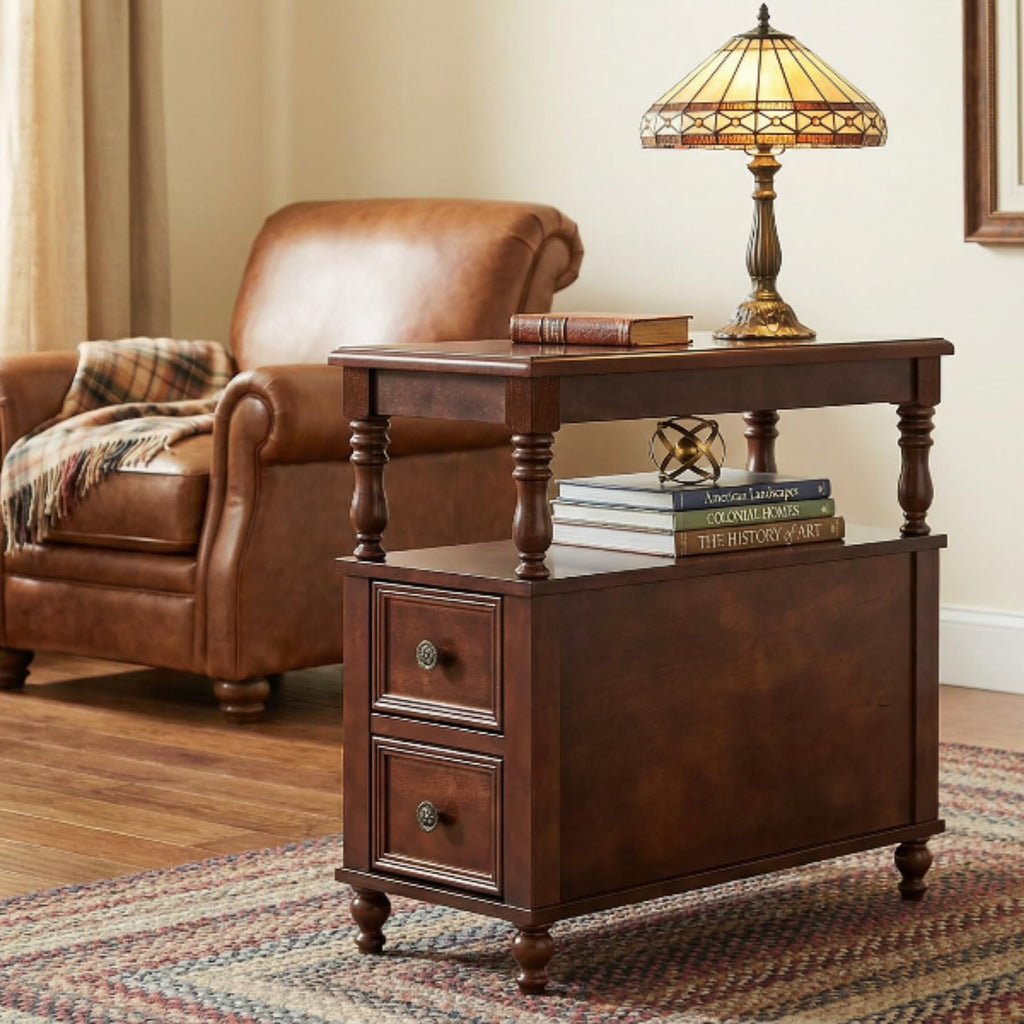 Cherry Finish Wood End Table with 2 Drawers B69675