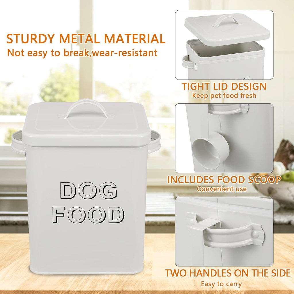 Airtight Dog Treat Container and Food Storage Tin with Lid, Handle, Scoop, 4-5 lbs Capacity, White G5009