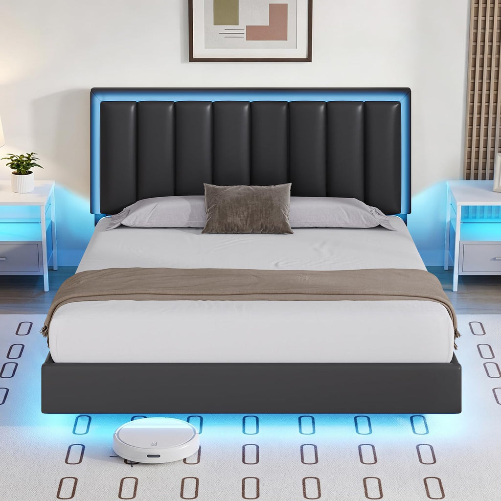 Black Full Size Floating Bed Frame with LED Lights W967470