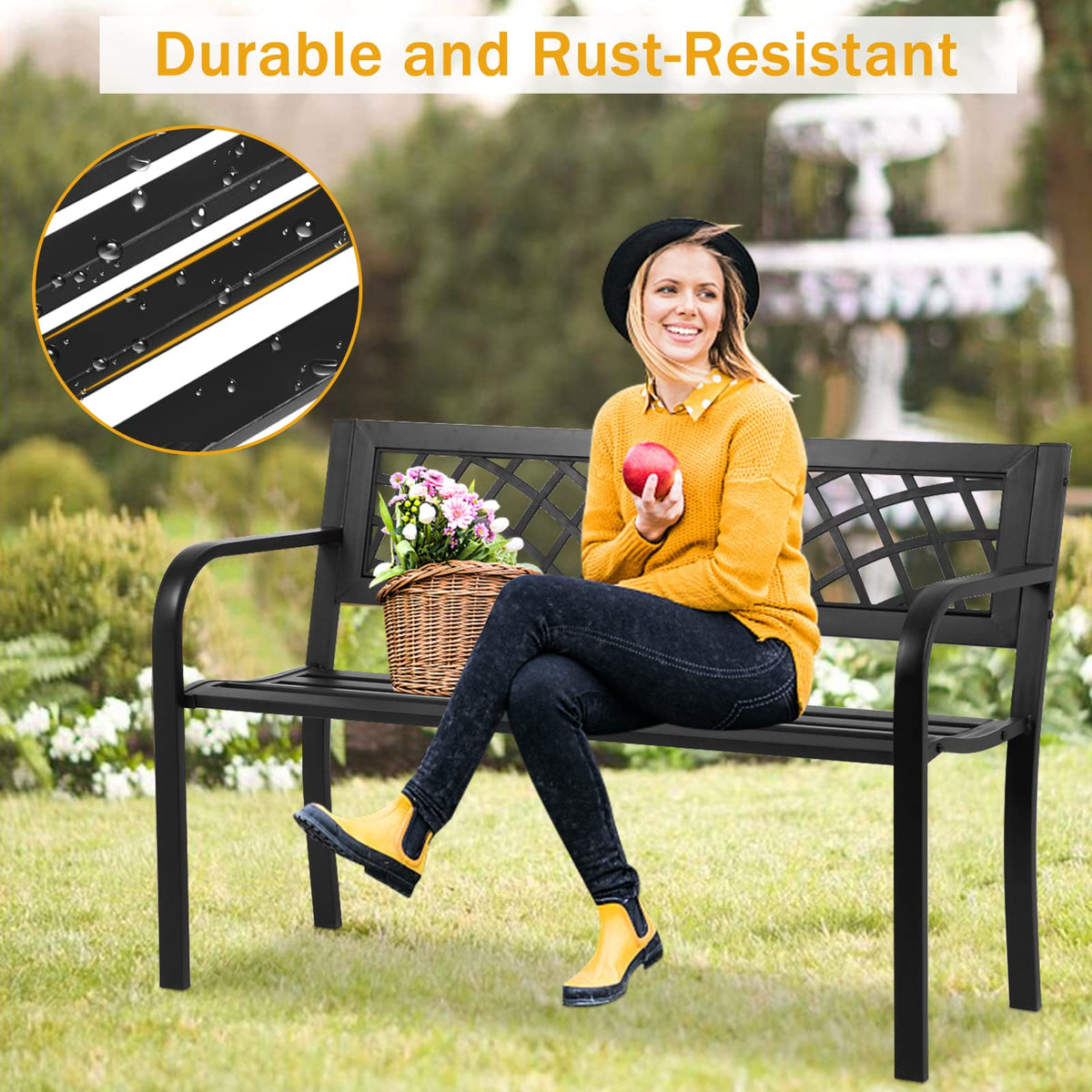 Black Cast Iron Outdoor Garden Bench with Mesh Backrest G607