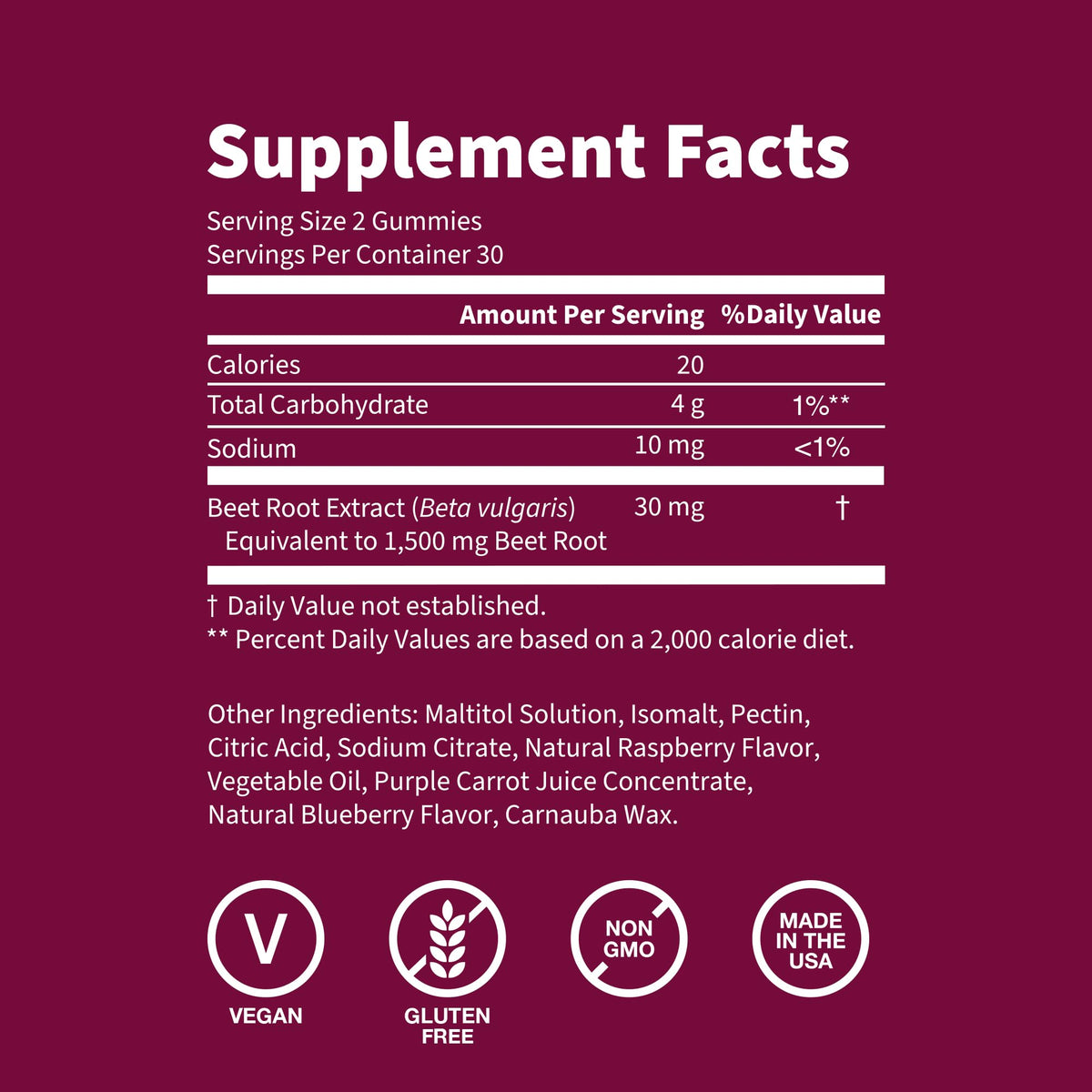 Sugar Free 1500 mg Blueberry Flavor Beet Root Gummies 60 Ct E139