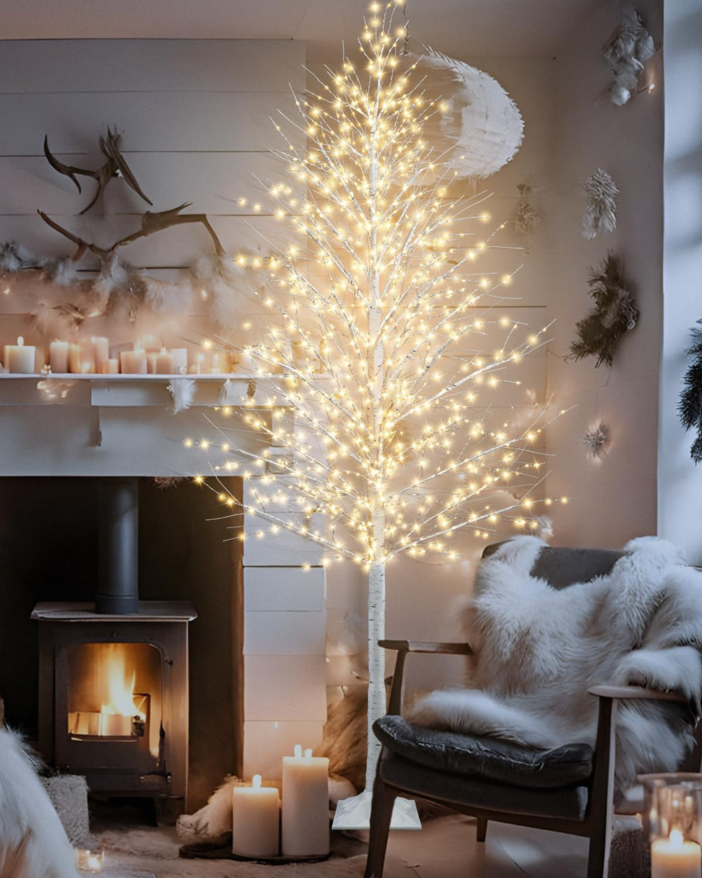 8FT Lighted White Artificial Christmas Twig Tree with 1440 Warm White LEDs C75571