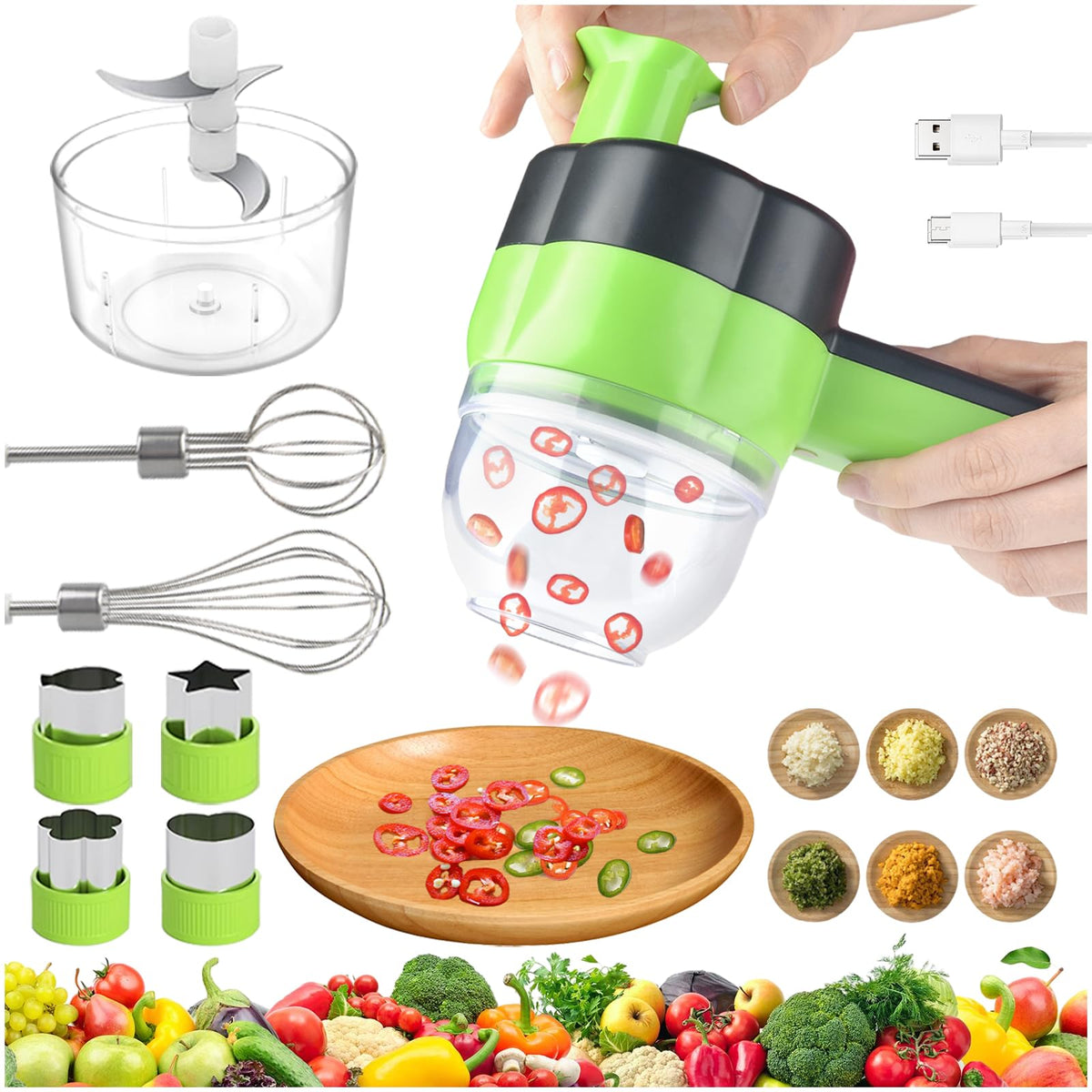 Electric Vegetable Slicer Set 4 in 1 Portable Rechargeable Wireless Food Processor U5519