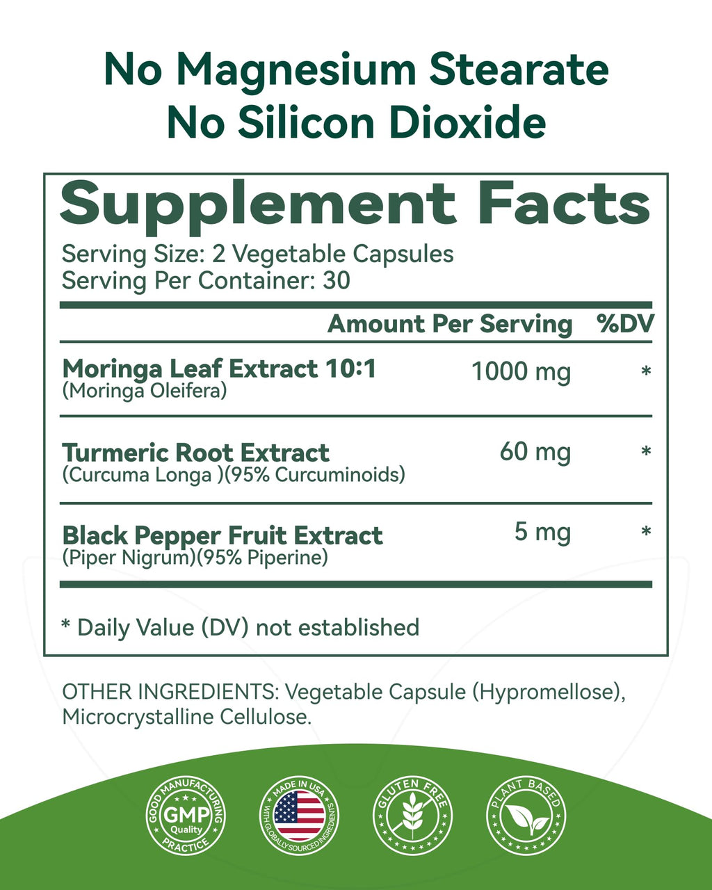 Moringa Capsules 1000mg 10:1 Moringa Leaf Extract 60 Count H762