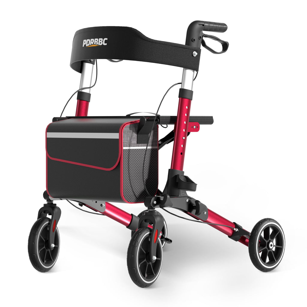 Red Foldable Lightweight Aluminum Rollator Walker with Seat and Brakes A294