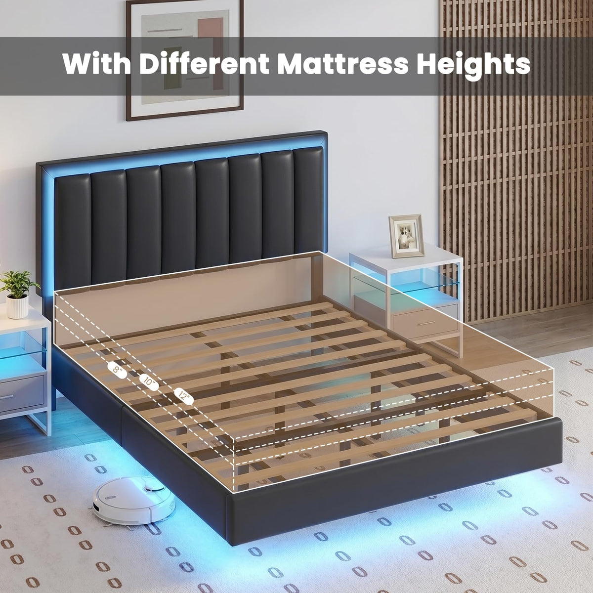 Black Full Size Floating Bed Frame with LED Lights W967470