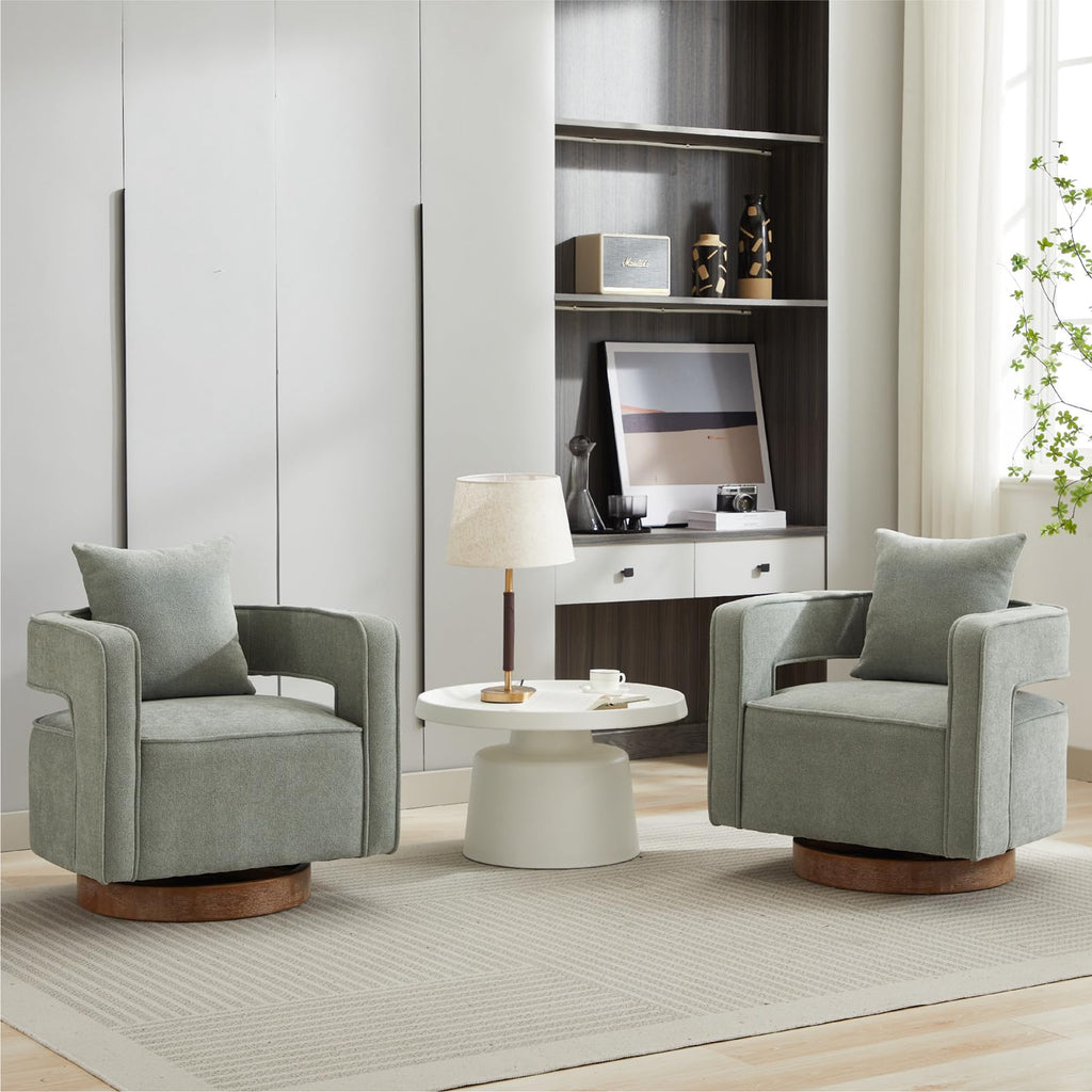 Green Linen Swivel Accent Barrel Chair Set of 2 with Solid Wood Base T7178