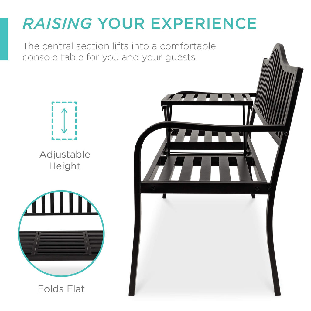 Black Steel Outdoor Garden Bench with Pullout Middle Table K506