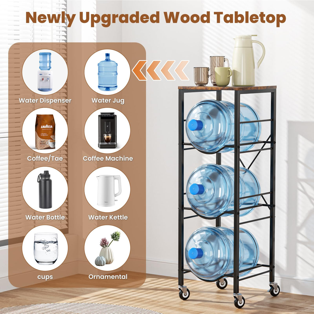 5 Gallon Water Jug Holder with Storage Shelves 3 Tier B7410