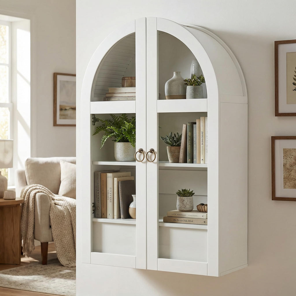 White Arched Bathroom Wall Cabinet with Tempered Glass Door and Adjustable Shelf J370