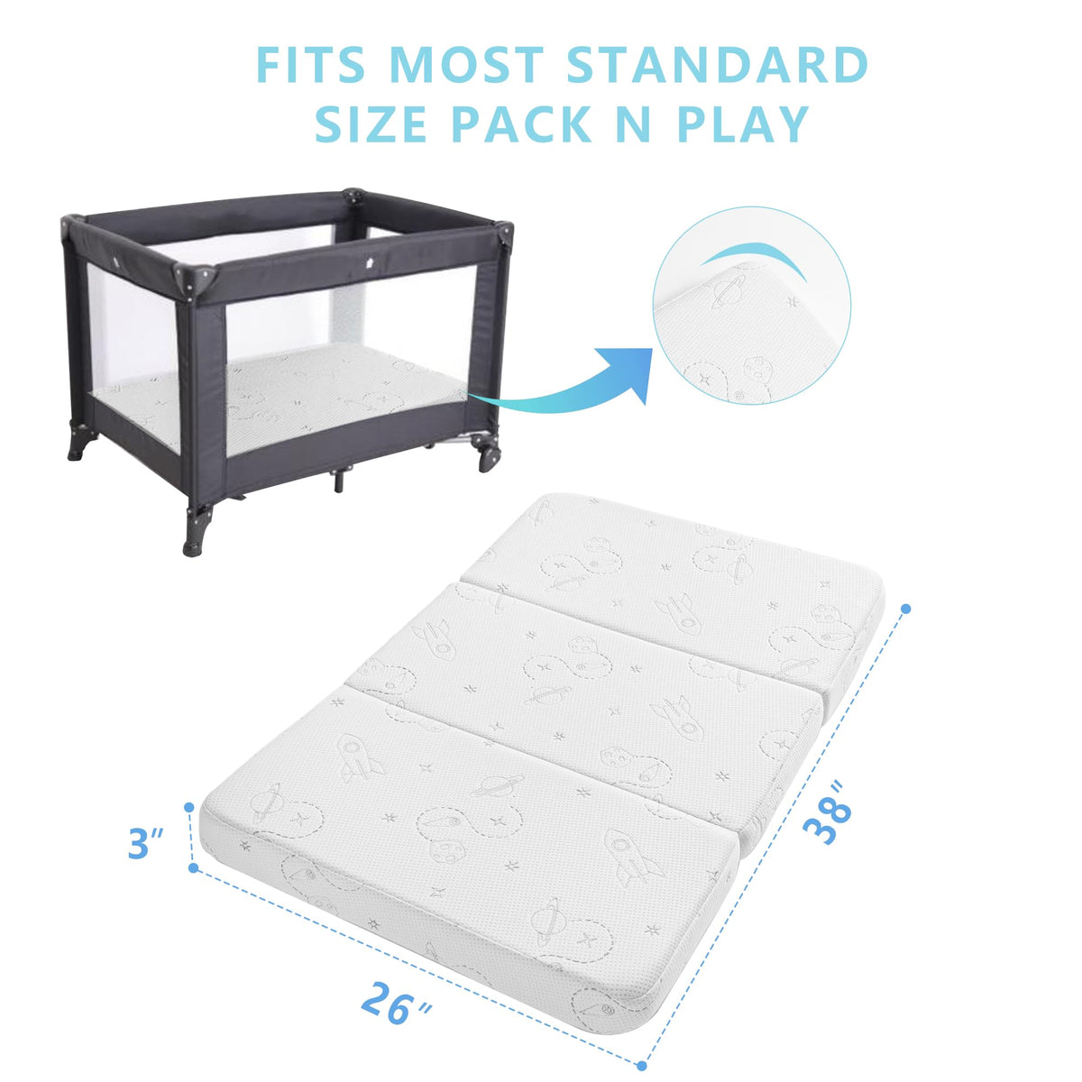 Trifold Pack and Play Mattress 38''x26'' with Washable Cover and Travel Bag M337