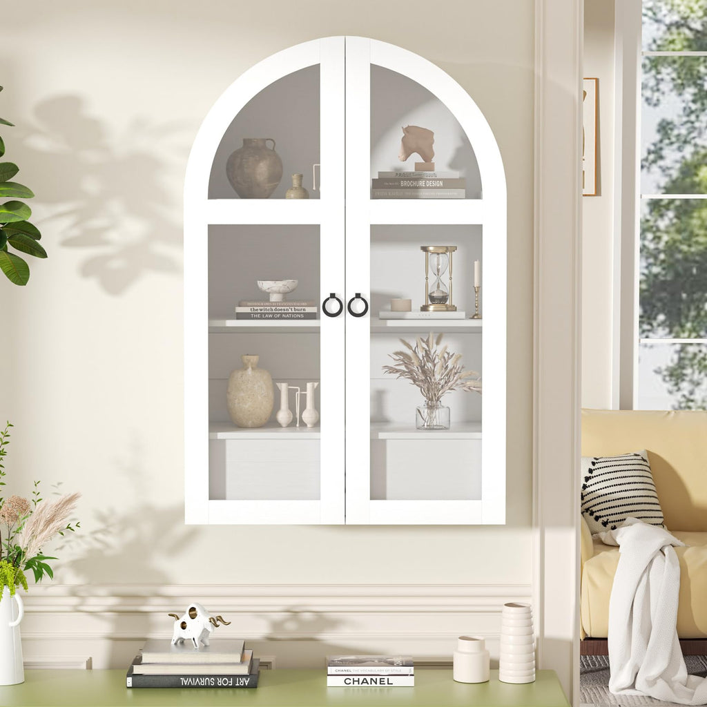 White Arched Bathroom Wall Cabinet with Tempered Glass Door and Adjustable Shelf J370