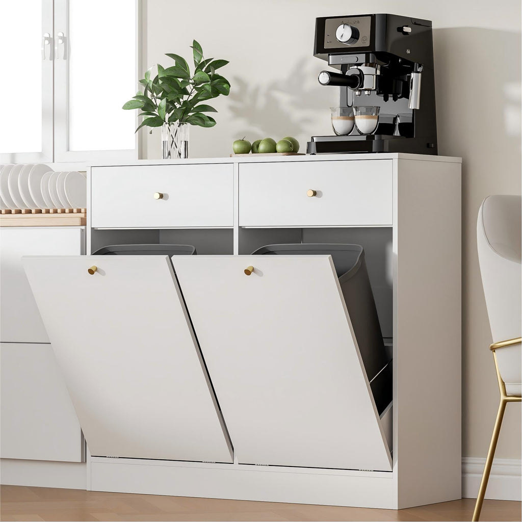 White Double Tilt Out Trash Can Cabinet with 2 Drawers V629