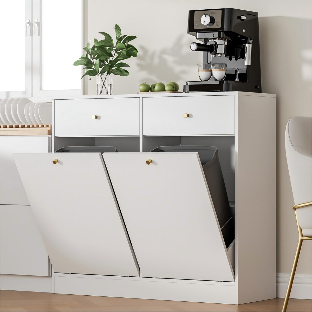 White Double Tilt Out Trash Can Cabinet with 2 Drawers V629