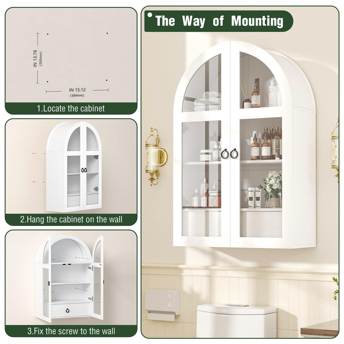 White Arched Bathroom Wall Cabinet with Tempered Glass Door and Adjustable Shelf J370