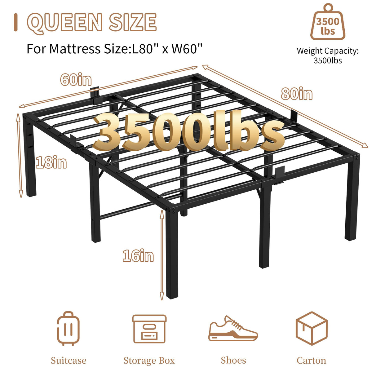 18 Inch Queen Size Black Metal Platform Bed Frame W30887