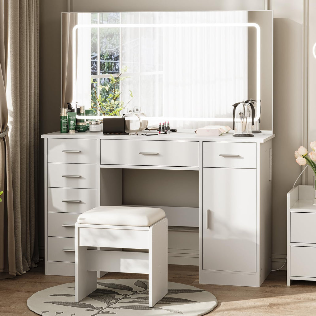 White 7 Drawer Vanity Desk with LED Mirror X7164