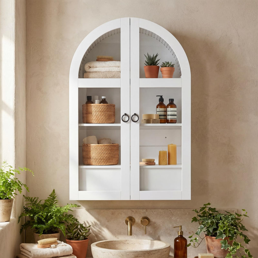 White Arched Bathroom Wall Cabinet with Tempered Glass Door and Adjustable Shelf J370
