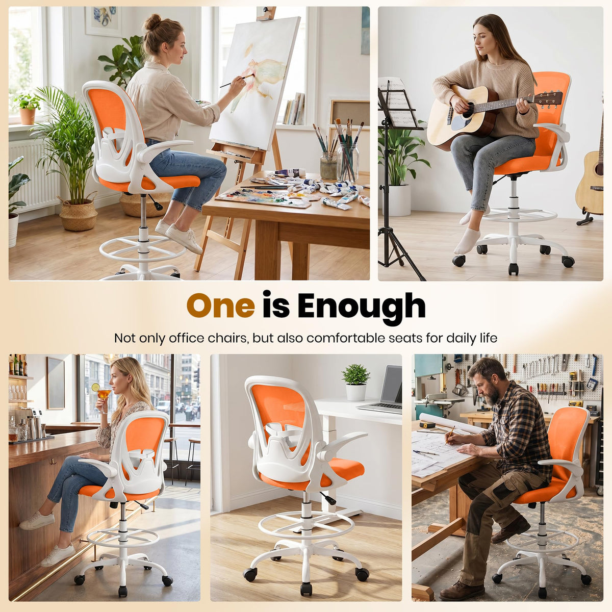 Tall Ergonomic Drafting Chair with Flip-up Armrests and Footrest Ring U42658