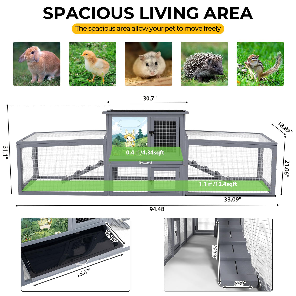 Extra Large Wood Rabbit Hutch with Cleaning Tray S3816