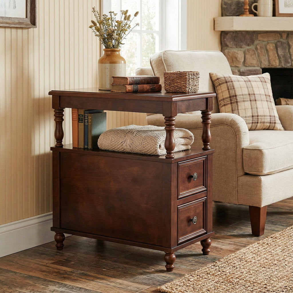 Cherry Finish Wood End Table with 2 Drawers B69675
