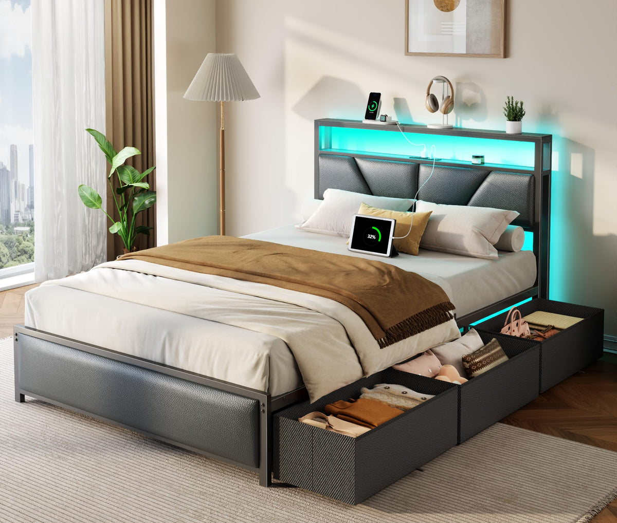 Full Size Bed Frame with Storage Headboard K8086
