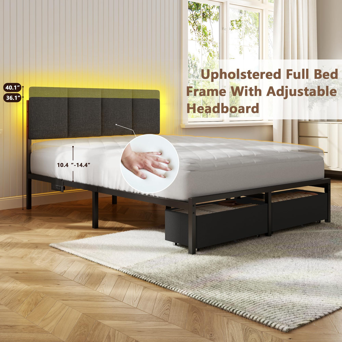 Full Size Bed Frame with Upholstered Headboard & 2 Storage Drawers W929785