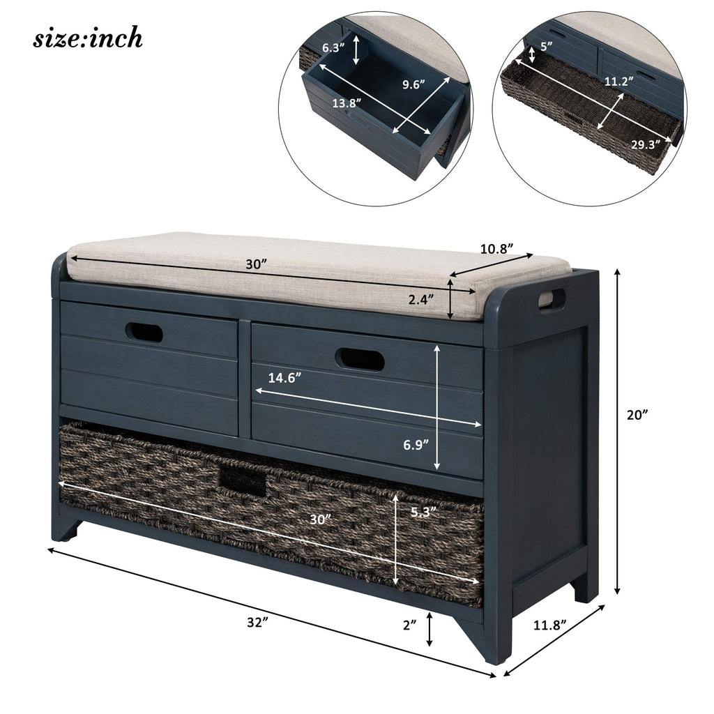Navy Storage Bench with Drawers and Basket B29841
