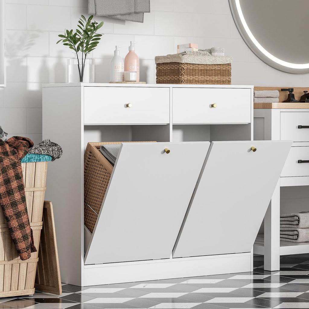 White Double Tilt Out Trash Can Cabinet with 2 Drawers V629