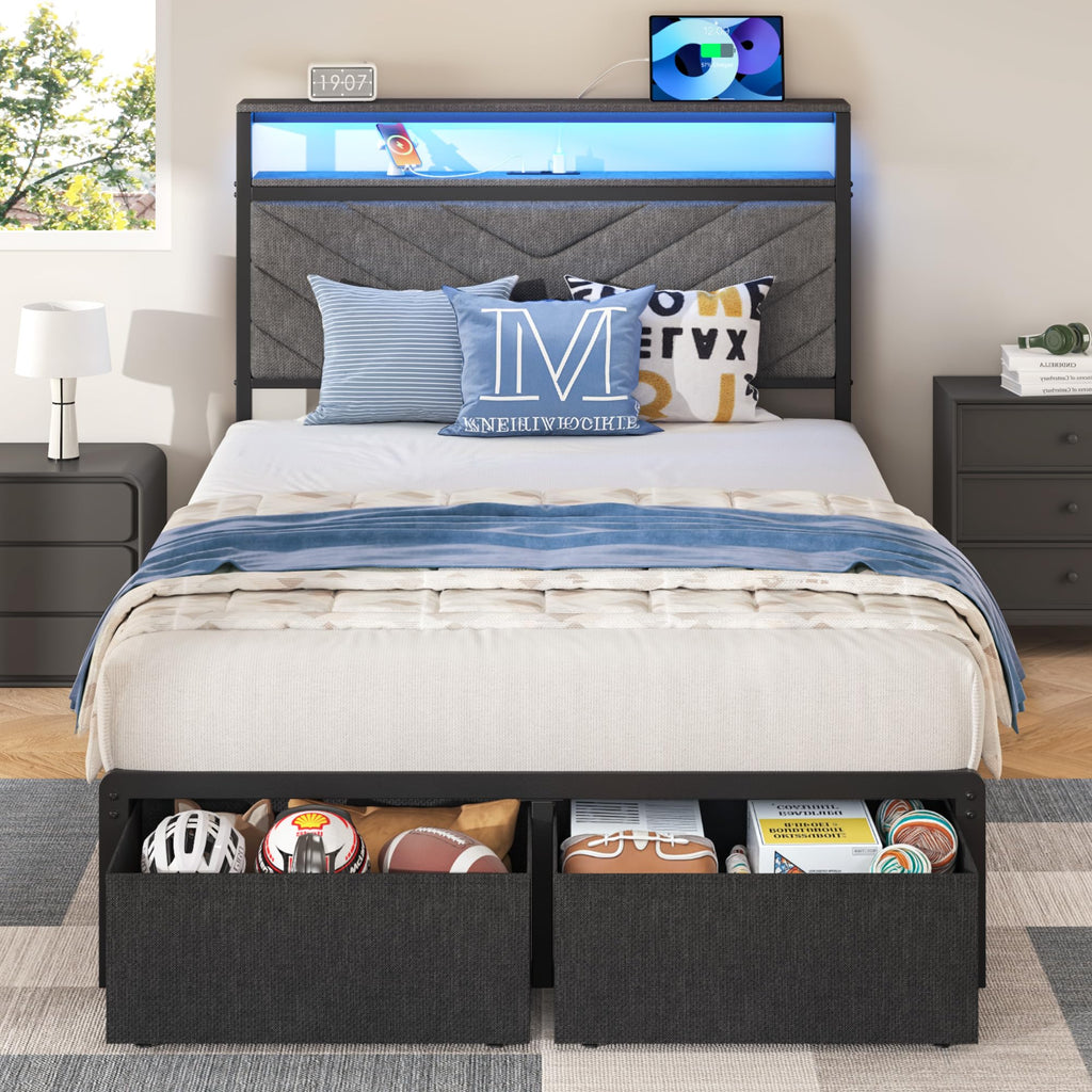 Grey Twin Bed Frame with Charging Station, LED Lights & 2 Storage Drawers V52116