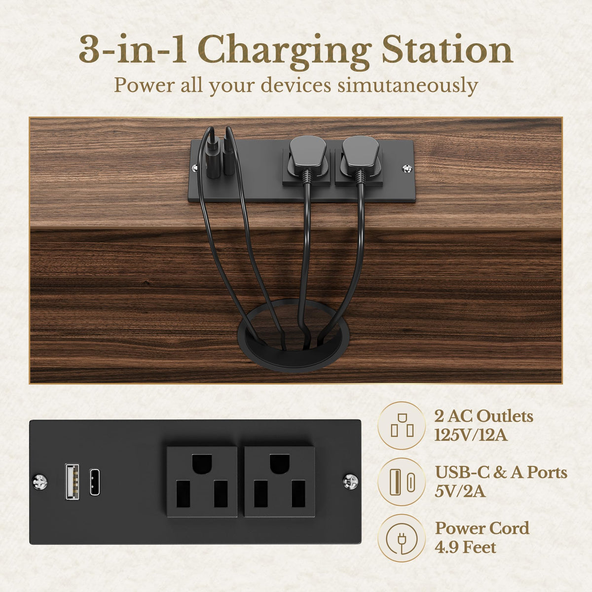 Black 3 Drawer Wood File Cabinet with Charging Station V72799