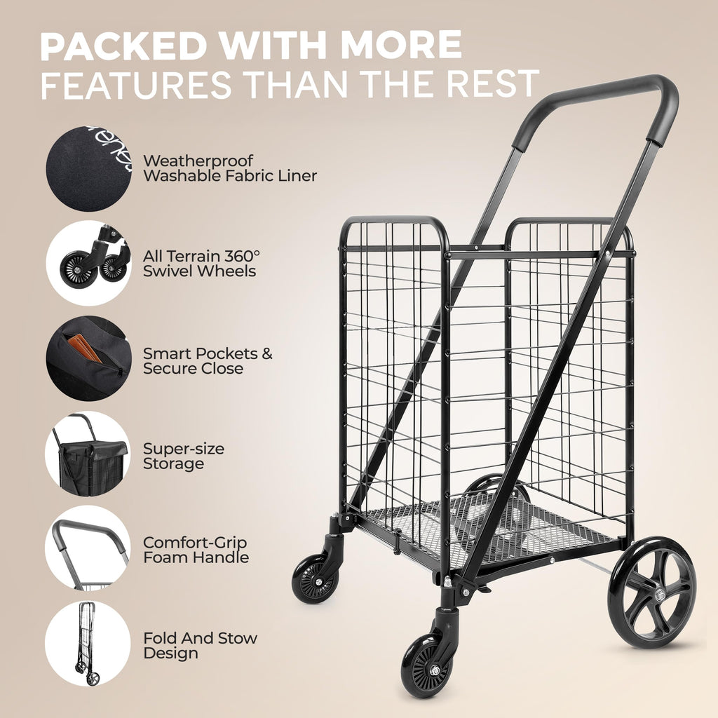 Large Folding Utility Shopping Cart with Removable Liner, 110 lb Capacity, Black J4845