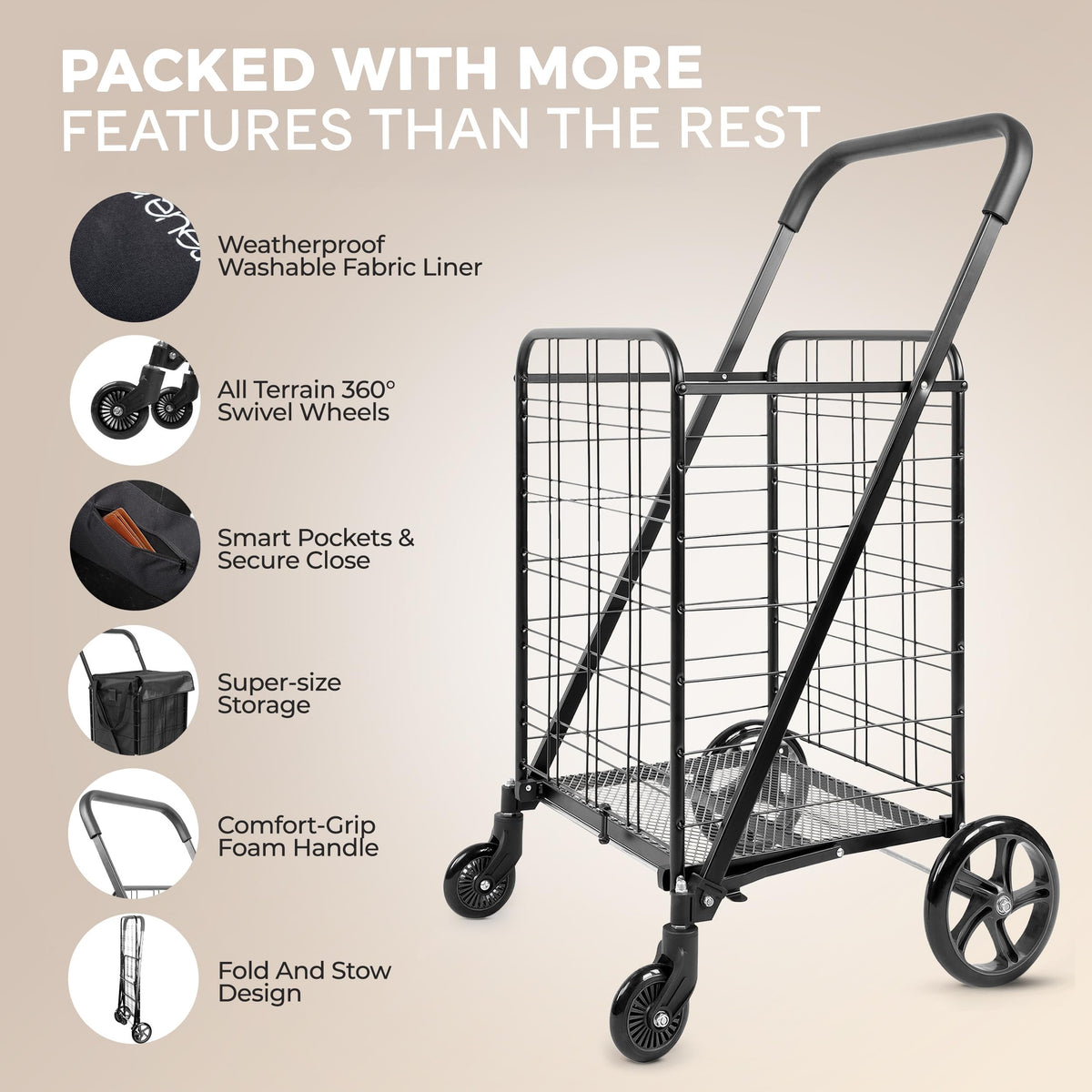 Large Folding Utility Shopping Cart with Removable Liner, 110 lb Capacity, Black J4845