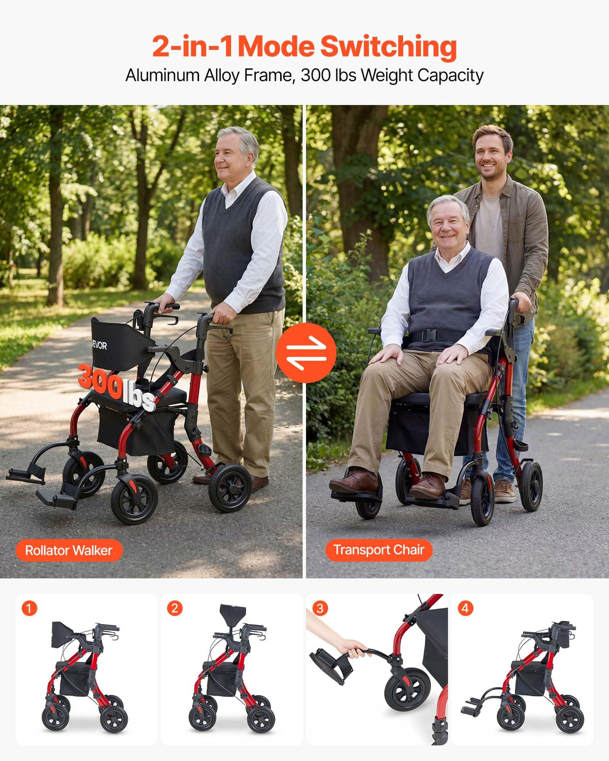 2-in-1 Foldable Aluminum Rollator Walker & Transport Chair J856